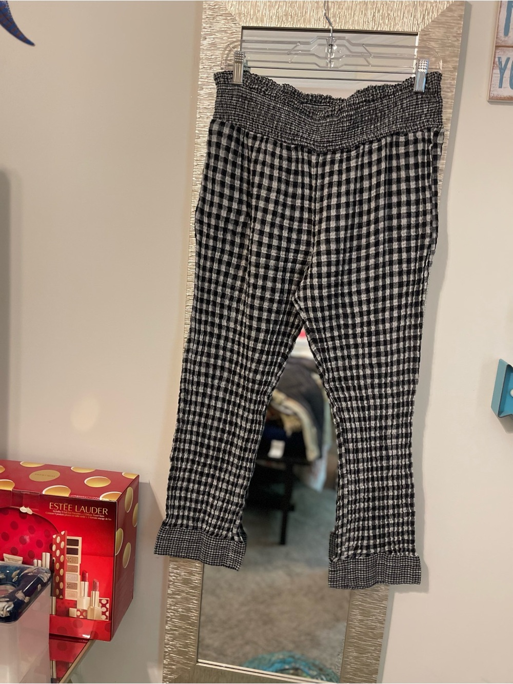 Anthropologie Black and White Gingham Top with Smocked Detail